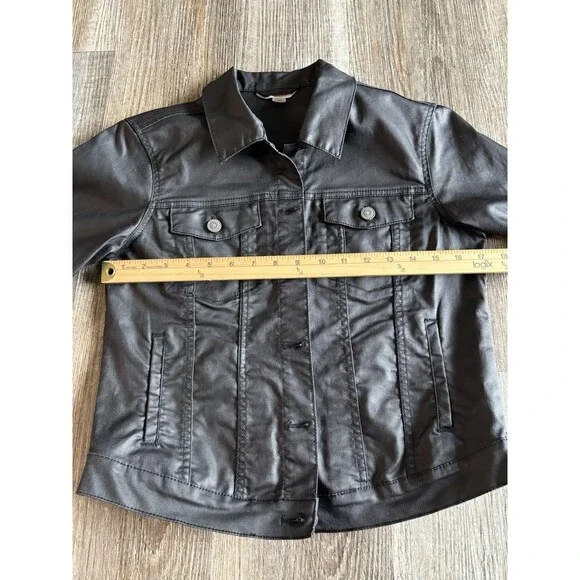 Garnet Hill Black Button Up Pockets Denim Look Moto Motorcycle Jacket Women’s 4 - Picture 6 of 8
